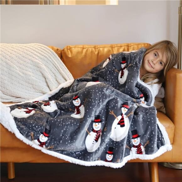 Snowman Sherpa Fleece Blanket,50x60, Soft & Cozy Christmas Throw for Couch & Bed - Picture 2 of 3